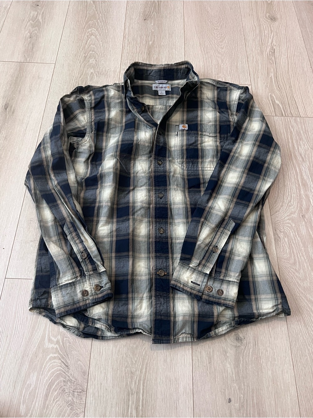 Carhartt Navy and Cream Plaid Long-Sleeve Button-Up Shirt